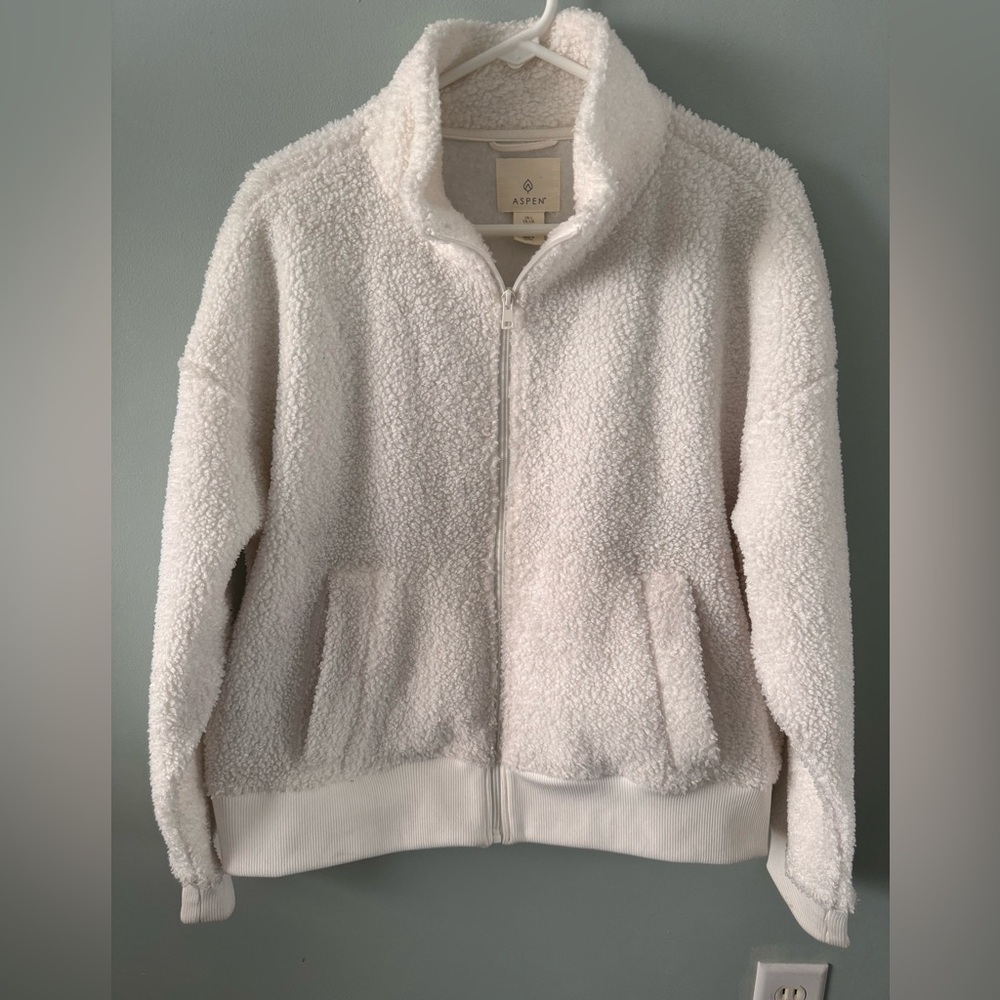 Aspen Solid Fleece Bomber Zip-Up Sherpa Teddy White Size L Jacket